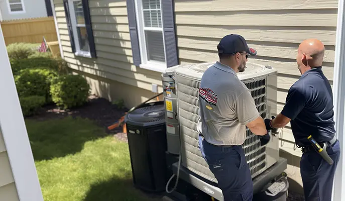 Two HVAC technicians performing installation and repair on an outdoor air conditioning unit at a residential property.