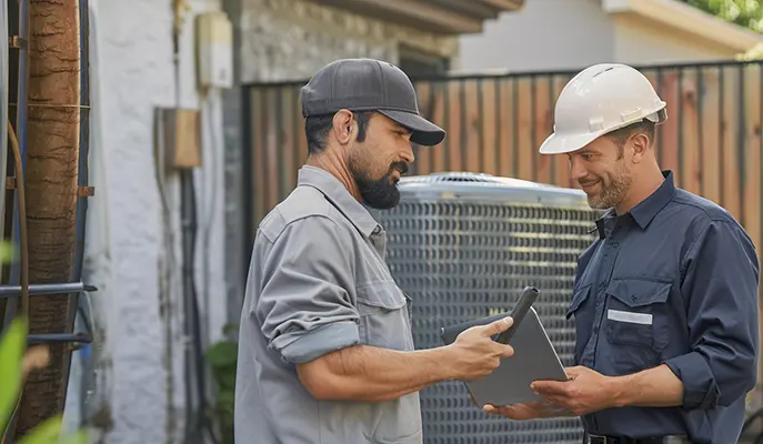 Two HVAC technicians discussing air conditioning maintenance and repair at a residential property.