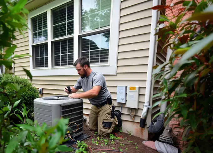 HVAC technician performing maintenance on an outdoor air conditioning unit at a residential property to ensure efficient cooling.