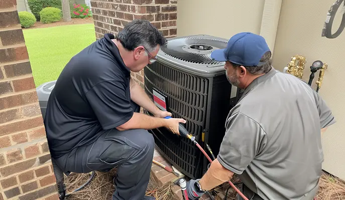 Two HVAC technicians performing maintenance on an outdoor air conditioning unit to ensure efficient operation.