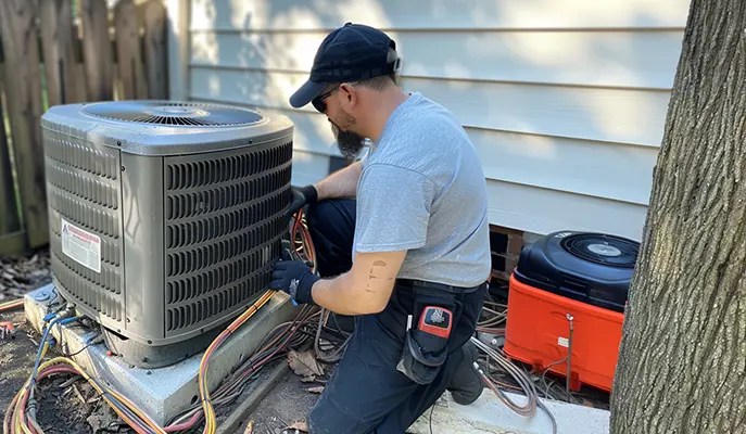 HVAC technician performing maintenance on an outdoor air conditioning unit to ensure efficient cooling performance.