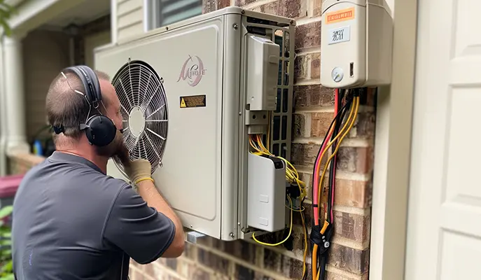 HVAC technician performing maintenance on a wall-mounted air conditioning unit to ensure efficient cooling performance.