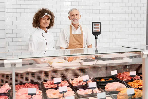 Butchers standing behind a meat display counter, highlighting the need for commercial refrigeration maintenance.