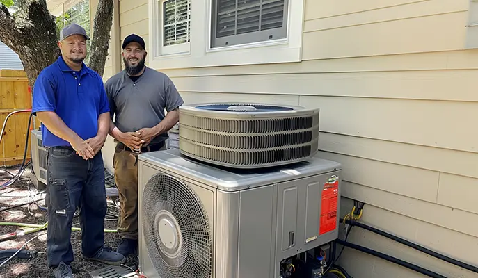 Two HVAC technicians standing next to a newly installed outdoor air conditioning unit at a residential property.