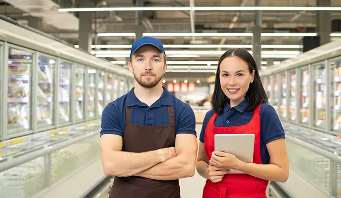 Two store employees standing in front of commercial refrigeration units in a grocery store.