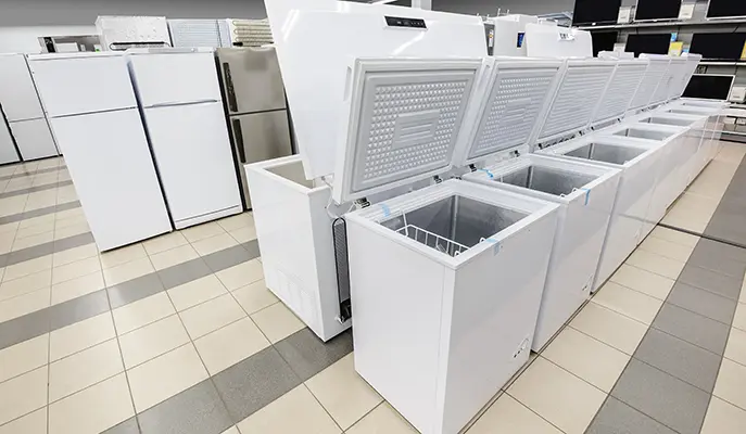 Row of energy-efficient commercial freezers on display in a showroom for installation and repair services.