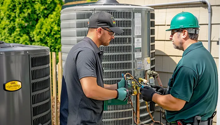 Two professional HVAC technicians working on an outdoor air conditioning unit, ensuring efficient cooling system maintenance.