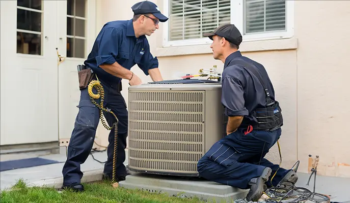 Two certified HVAC technicians performing maintenance on an outdoor air conditioning unit at a residential property.