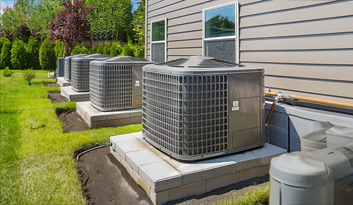 Multiple outdoor air conditioning units installed at a residential property, providing energy-efficient cooling for the home.