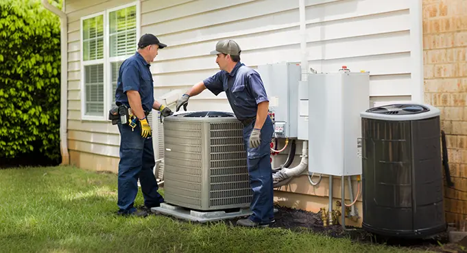 Two certified HVAC technicians installing and servicing an outdoor air conditioning unit at a residential property.