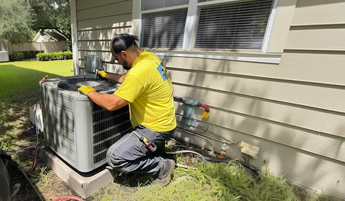 HVAC technician repairing an outdoor air conditioning unit at a residential property to restore efficient cooling.