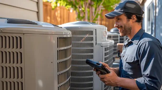 HVAC technician inspecting and maintaining outdoor air conditioning units, providing cooling system services in San Jose.