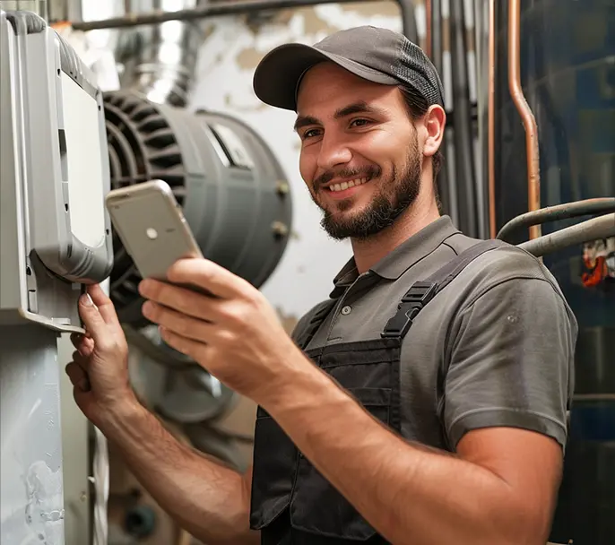 Smiling HVAC technician using a smartphone to provide remote consultation and customer support for heating and cooling services in San Jose.