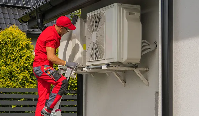 HVAC technician servicing a wall-mounted heat pump unit for efficient heating and cooling at a residential property.