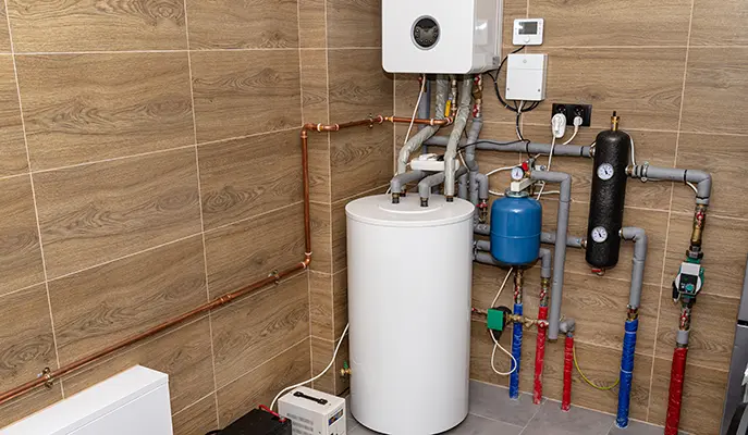 Residential heating system setup with a boiler and connected pipes for efficient heating in a home.