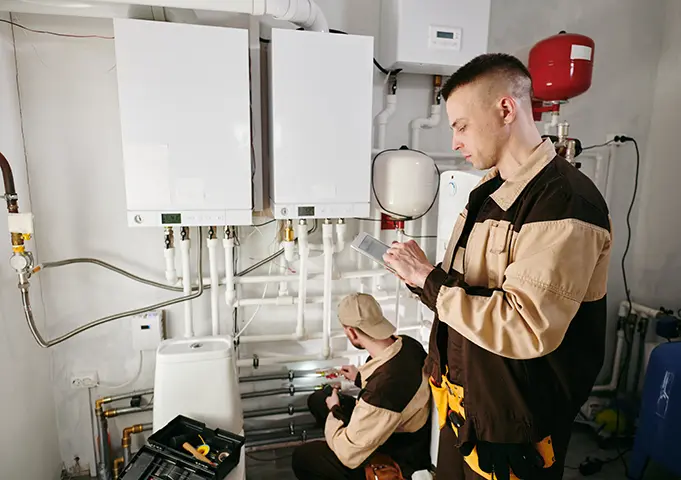 Technicians performing maintenance and installation of heating systems, including boilers and furnaces, in a residential property in San Jose.